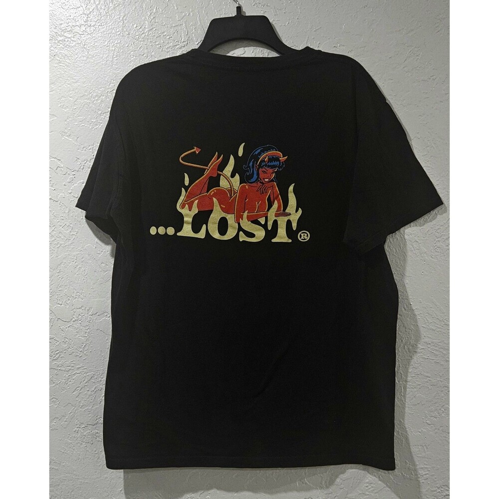 Y2K LOST SURF & SKATE CO DEVIL GIRL GRAPHIC SHORT SLEEVE SHIRT BLACK MEN'S LARGE